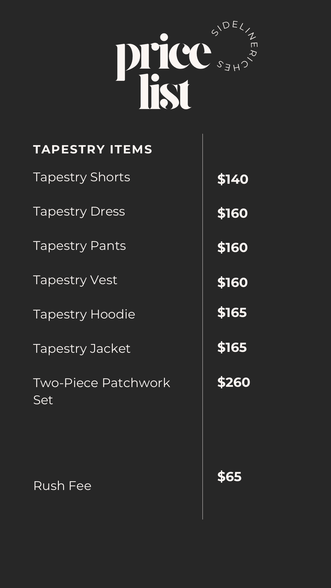 Tapestry Price List