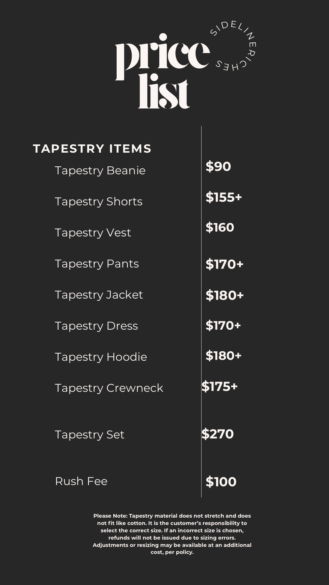Estimated Full Tapestry Items Price List